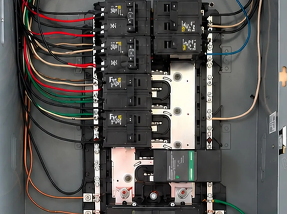 Finished electrical panel with breakers and dressed conductors