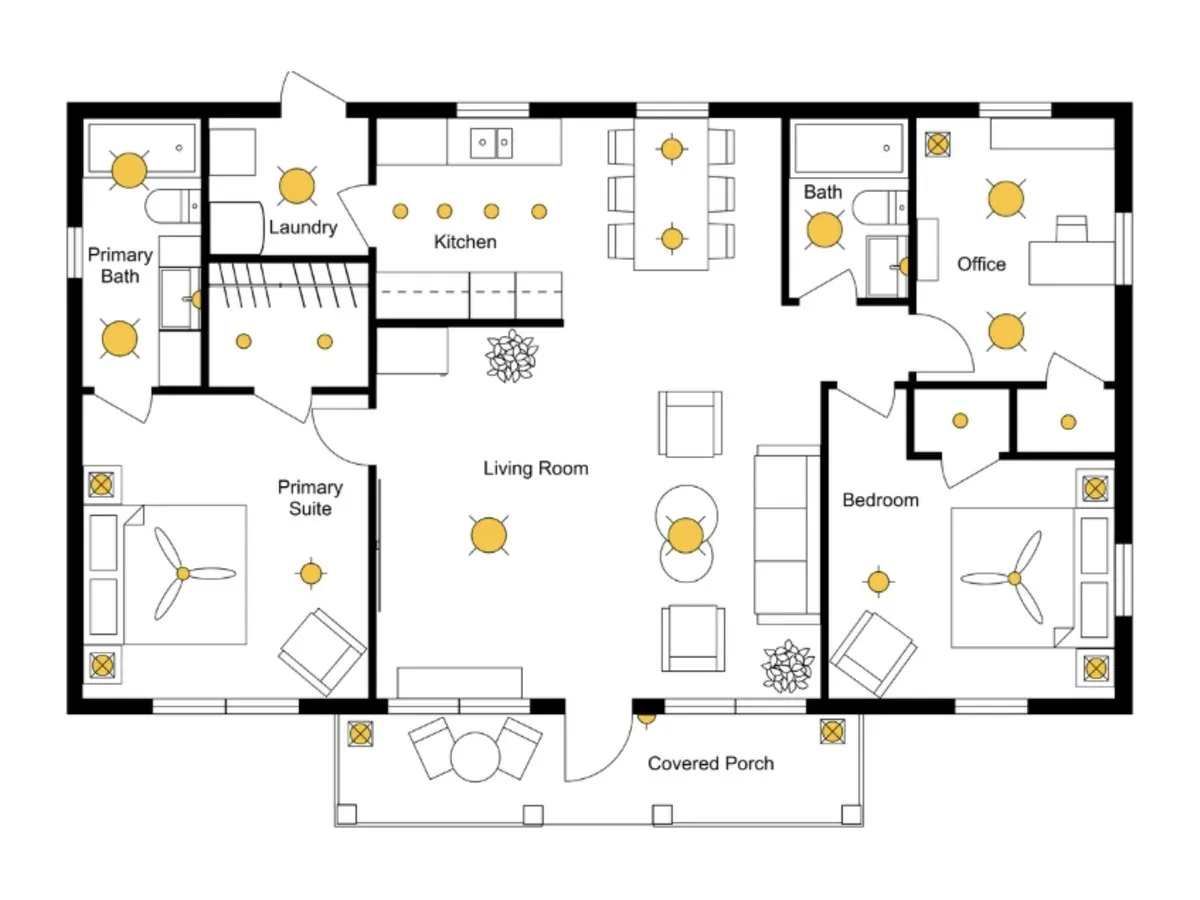 Lighting plan showing fixture layout across a floor plan